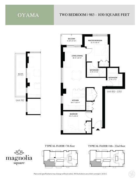 Floor plan for 2 beds, 2 baths, 982 sqft